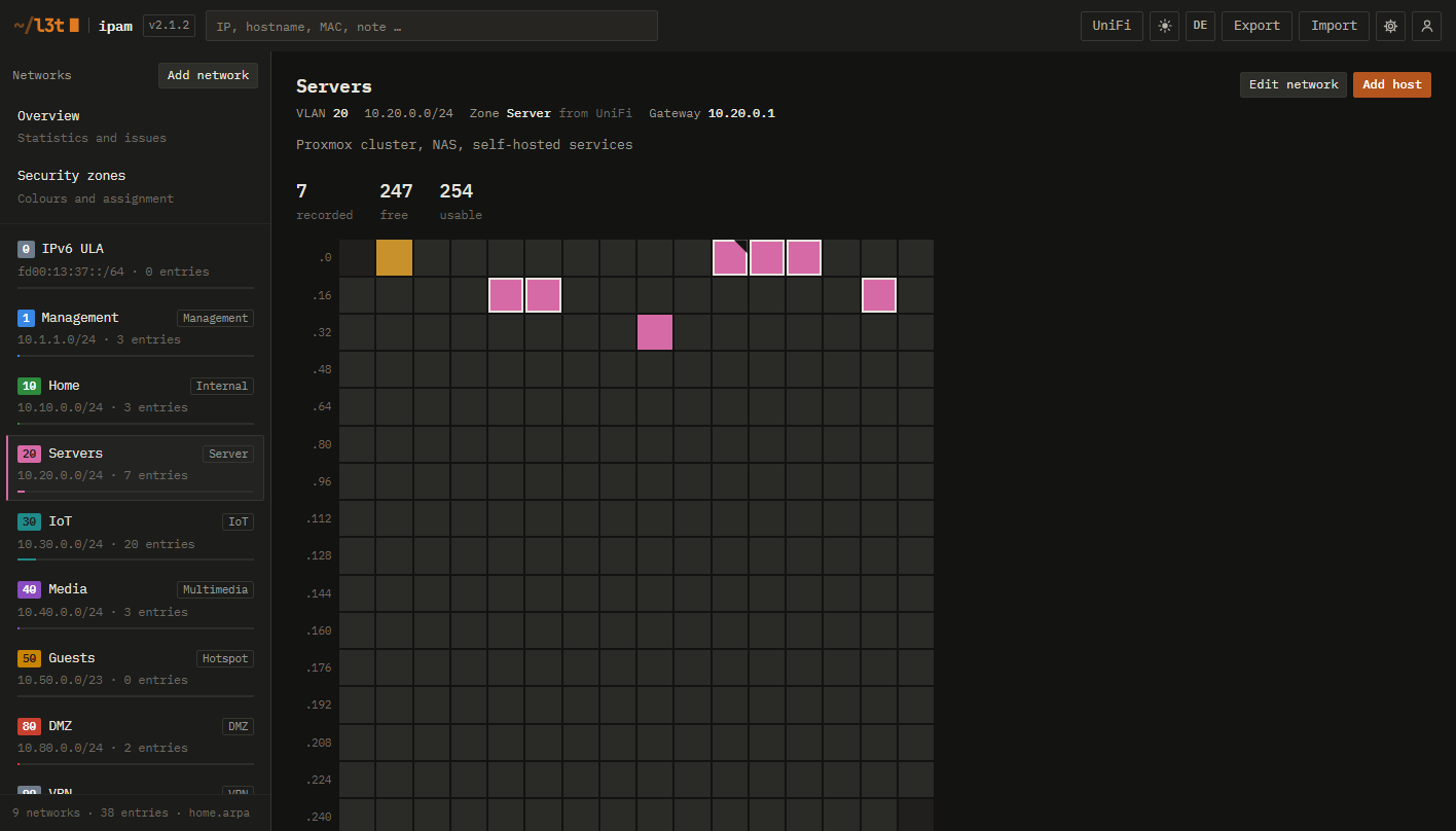 L3T IPAM: the address grid of a network with the sidebar of all networks, in dark mode